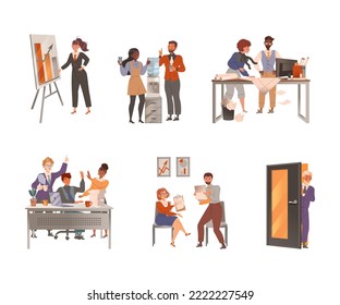 Office scenes set. Men and women employees taking part in business meeting, negotiation, brainstorming, communicating vector illustration