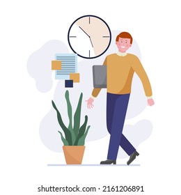 Office schedule, deadline concept for banner. Time management. Managers presenting reports, analyzing graphs near clock flat vector illustration