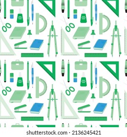 Office and school education objects seamless pattern. Vector cartoon illustration. Ruler, book, pen, pencil, notebook, bag, eraser, drawing compass, scissors. Back to school theme.