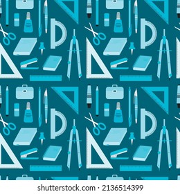 Office and school education objects seamless pattern. Vector cartoon illustration. Ruler, book, pen, pencil, notebook, bag, eraser, drawing compass, scissors. Back to school theme.