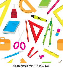 Office and school education objects seamless pattern. Vector cartoon illustration. Ruler, book, pen, pencil, notebook, bag, eraser, drawing compass, scissors. Back to school theme.