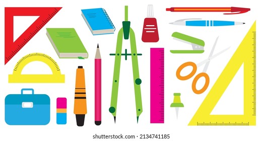 Office and school education set collection objects. Vector cartoon illustration. Ruler, book, pen, pencil, notebook, bag, eraser, drawing compass, scissors. Back to school theme.