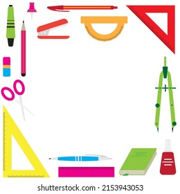 Office and school education supplies frame with space for text. Vector cartoon illustration of ruler, book, pen, pencil, notebook, bag, eraser, drawing compass, scissors. Back to school.