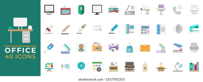 Conjunto de ícones planos de escritório e escola, coleção de símbolos vetoriais. pode ser usado para interfaces de sites, aplicativos móveis e software.