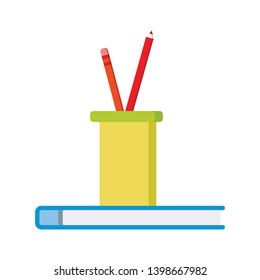 Office or school icon: two colored pencils in a plastic glass on blue notepad. Flat design cartoon style vector illustration isolated on white background.