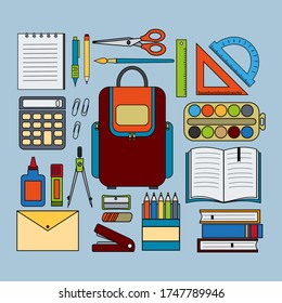 Office school kit set with backpack, made in flat style, color vector illustration, blue background, banner, design, decoration
