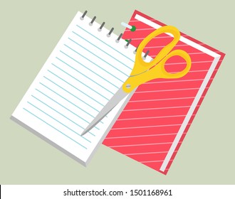 Office and school set of stationery as scissors and notebook. Scissors to cut paper and divide into pieces. Notebook to make notes vector illustration. Back to school concept. Flat cartoon