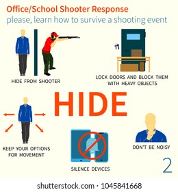 Office And School Shooter Response Short And Helpfull Advices Vector Illustration Set. Will Be Used For Logo, Banner, Poster, Postcard.