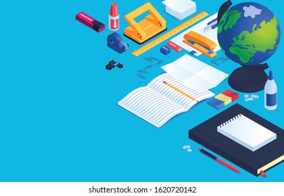 Office and school stationery background with eraser glue and globe isometric vector illustration