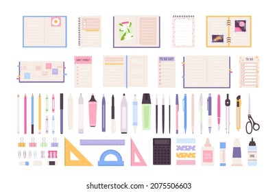 Office or school stationery items, pens, notebooks and planners. Pencil, markers, crayons and ruler. Decorative work desk objects vector set. Glue, eraser and paintbrushes for education