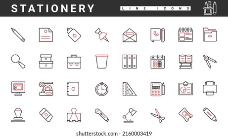 Los iconos delgados de la línea roja y negra de oficina y de la escuela establecen la ilustración vectorial. Suministros abstractos para la colección de ciencia y educación, maletín, calculadora, libro de calendario de papel y sobre