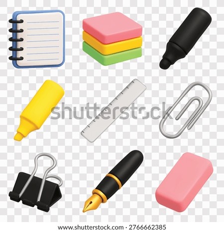Office and School Stationery Vector Icon Set | 3D icon set | spiral notepad, sticky notes, black permanent marker, yellow highlighter marker,  ruler, paperclip, binder clip, fancy fountain pen, eraser