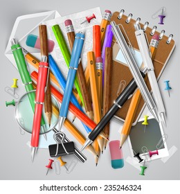 Office or school stuffs and items on white background, vector