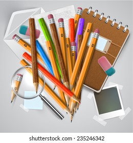 Office or school stuffs and items on white background, vector