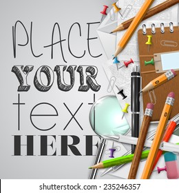 Office or school stuffs and items on white background, vector