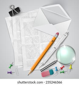 Office or school stuffs and items on white background, vector