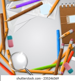 Office or school stuffs and items on white background, vector