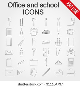 Office and school supplies.  Icons set for web and mobile application. Vector illustration on a white background.