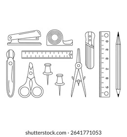 Office and school supplies isolated on white background in line art style