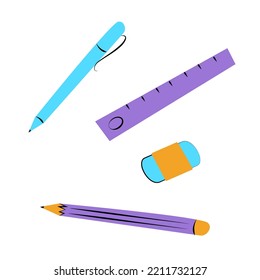 Office and school supplies on white background. Pen, pencil, eraser, ruler. Back to school. Vector illustration