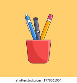 office and school tool inside a cup vector illustration. employee and student supplies outline flat illustration.