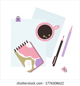 Office and school tools. Vector illustration paper, cup, notebook, pencil, pen and clip. Pink.