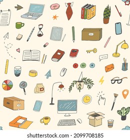 Office school work desk objects equipment vector illustrations seamless pattern