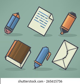 office, science end education objects and icons in pixel art style