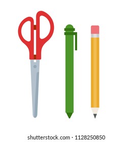 Office scissors, green pen and pencil with eraser vector flat material design isolated on white