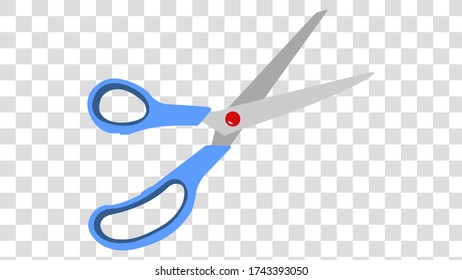 Office scissors or tailor scissors with open blades, with blue handles on a transparent background in vector.