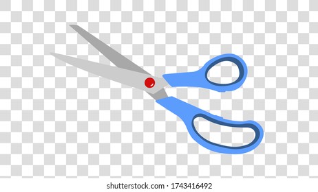 Office scissors or tailor scissors with open blades, with blue handles on a transparent background in vector.