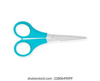 Büroschere, Vektorgrafik. Cartoon-isolierte Papierschneidegeräte mit zwei blauen Kunststoffgriffen und scharfen, geschlossenen Stahlklingen, Scheren zum Schneiden von Seiten oder Tuch, Schreibwaren