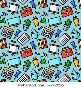 Office seamless pattern with objects in line style, business vector illustration