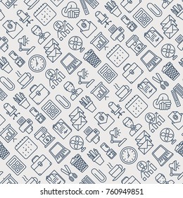 Office seamless pattern with thin line icons of manager, coffee machine, chair, career growth, e-mail, folders, water cooler, lamp. Vector illustration for background.