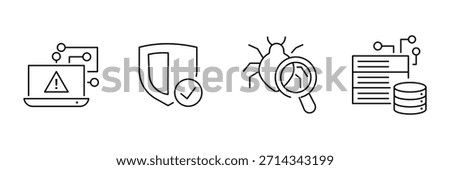Office security icon set, laptop alert warning, shield protection check, bug search magnifier, data server analytics outline vector illustration.