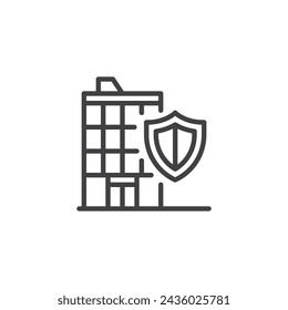 Icono de línea de seguridad de Office. signo de estilo lineal para concepto móvil y diseño web. Icono de vector de contorno de escudo y edificio de oficinas. Símbolo, ilustración del logotipo. Gráficos vectoriales