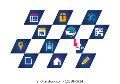 Office services vector icons with flat diagonally squares in blue, yellow, green and pink gradient colors