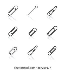 Office set, clips and paper clip icons of various forms and sizes of thin lines with a mirror reflection, vector illustration.