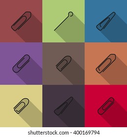 Office set, clips and paper clip icons  of thin lines with long diagonal shadow, vector illustration.