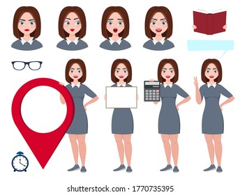office set. cute girl, office worker holds different items. various female emotions. vector illustration. Cartoon character.