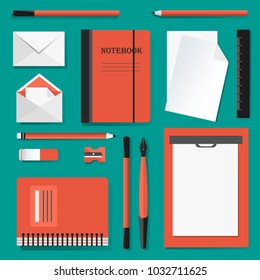 Office set flat design, work and business supplies, school accessories, notebook, paper, envelope, pen, pencil