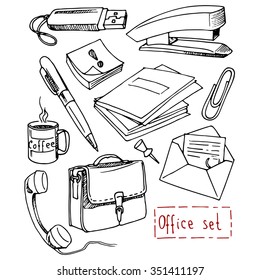 Office set, hand-drawn design elements in sketch style.