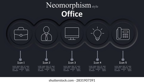 Office set icon. Case holds handle lock. Man wears neck tie. Monitor stands flat screen. Bulb radiates light rays. Phone shows keypad buttons
