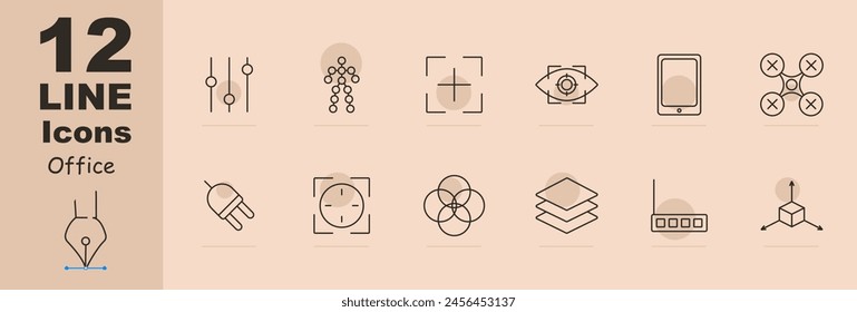 Office set icon. Form, check sheet, statistics, diagram, indicators, brush, briefcase, call, dossier, folder, portfolio, suitcase, hard drive, flash drive, clock, boxes. Department concept.