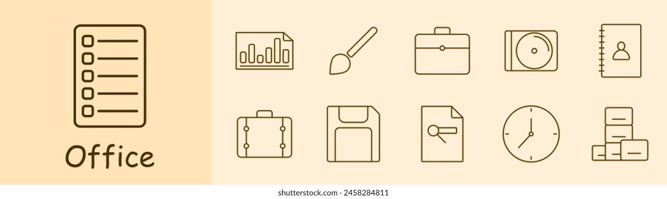 Office set icon. Form, check sheet, statistics, diagram, indicators, brush, briefcase, call, dossier, folder, portfolio, suitcase, hard drive, flash drive, clock, boxes. Department concept.