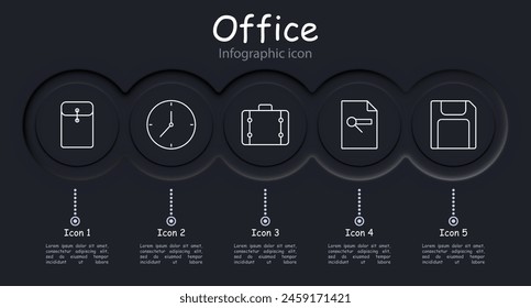 Icono de Office set. Formulario, hoja de verificación, estadísticas, diagrama, indicadores, infografía, maletín, carpeta, Cartera, maleta, disco duro, unidad flash, reloj, neomorfismo. Concepto de departamento.