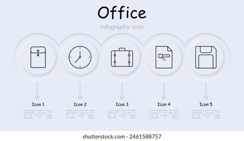 Office set icon. Form, check sheet, statistics, diagram, indicators, infographic, briefcase, folder, portfolio, suitcase, hard drive, flash drive, clock, neomorphism. Department concept.