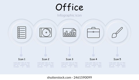 Office set icon. Form, check sheet, statistics, diagram, indicators, brush, briefcase, call, dossier, folder, portfolio, suitcase, hard drive, infographic, neomorphism. Department concept.