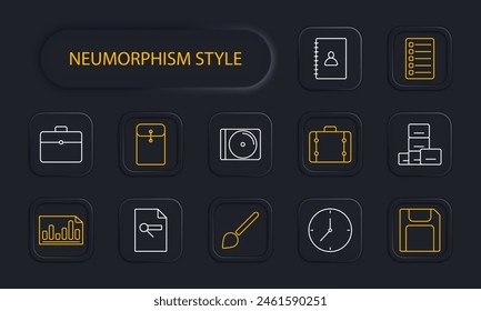 Office-Set-Symbol. Formular, Scheckblatt, Statistik, Diagramm, Anzeigen, Pinsel, Aktentasche, Anruf, Dossier, Ordner, Portfolio, Koffer, Festplatte, Flash-Laufwerk, Uhr, Neomorphismus. Abteilungskonzept.