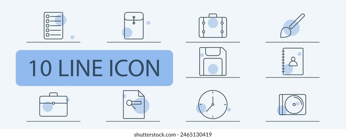 Office set icon. Form, check sheet, statistics, diagram, indicators, brush, briefcase, call, dossier, folder, portfolio, suitcase, hard drive, flash drive, clock, boxes. Department concept.